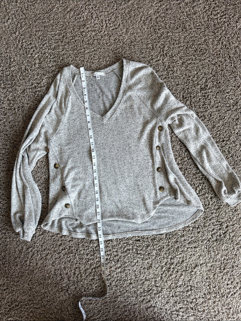 Moa Moa- Light Gray V-Neck Knit Top with Side Button Detail